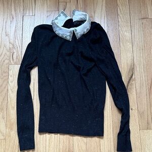 Ted Baker Black Sweater Top with Embellished White Peter Pan Collar